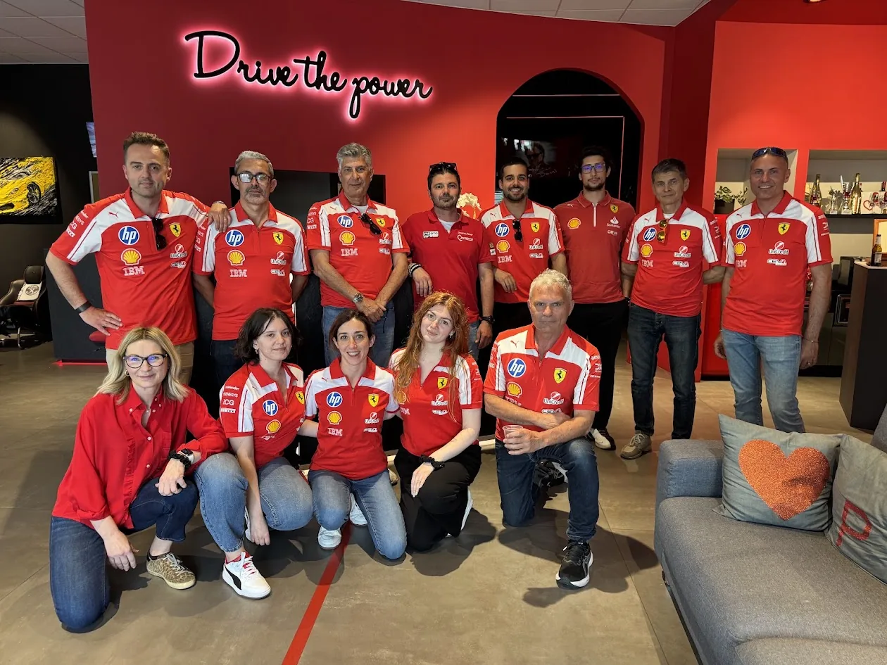 The Pit Lane Red Passion team at the Maranello base, in Ferrari kit